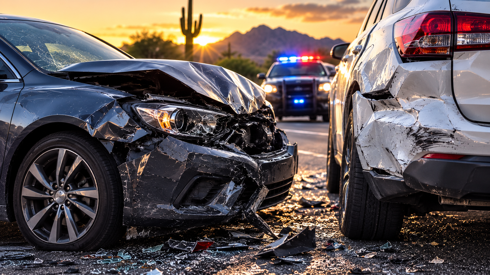 Car accident on desert highway at sunset